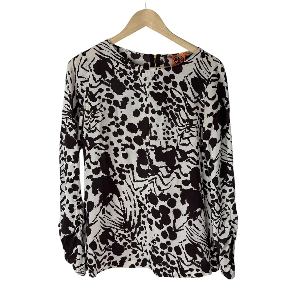 Tory Burch 100% Silk Brown/Cream Print Back‎ Zip Blouse Sz 6